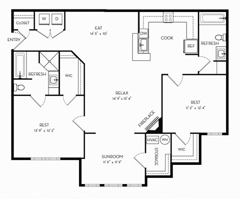 Floor plan for 2 beds, 2 baths, 1241 sqft